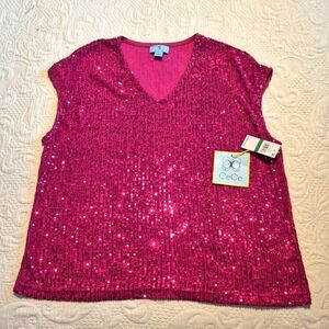 CeCe Fuchsia Pink Sequin V-Neck Cap Sleeve Top